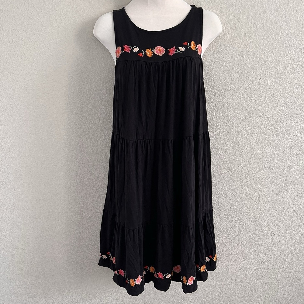 LOFT Small Tiered Midi Knee Length Swing Dress Embroidered Flowers Cottagecore